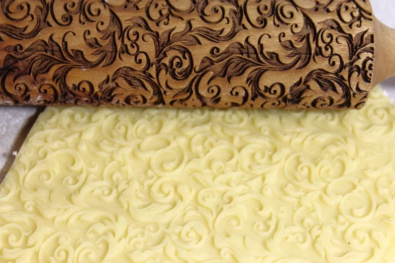 Embossed Rolling Pin Seamless Pattern Swirles, Textured Cookies, Christmas Gift, Clay Stamp, Soap Curley Garden