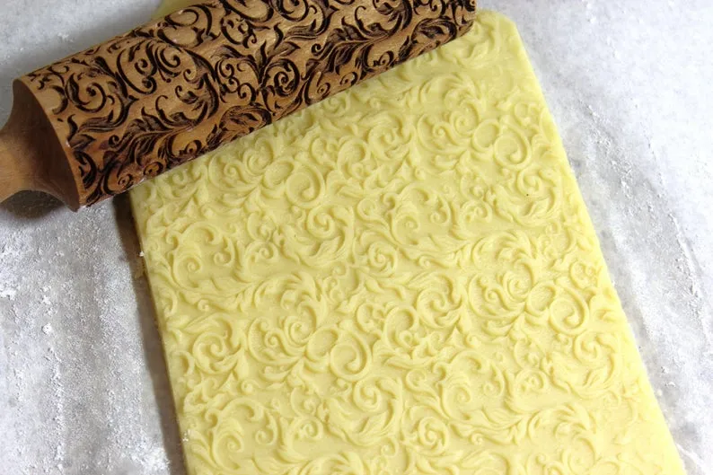 Embossed Rolling Pin Seamless Pattern Swirles, Textured Cookies, Christmas Gift, Clay Stamp, Soap Curley Garden