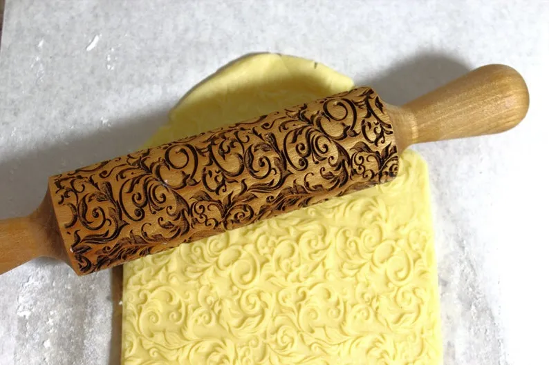 Embossed Rolling Pin Seamless Pattern Swirles, Textured Cookies, Christmas Gift, Clay Stamp, Soap Curley Garden