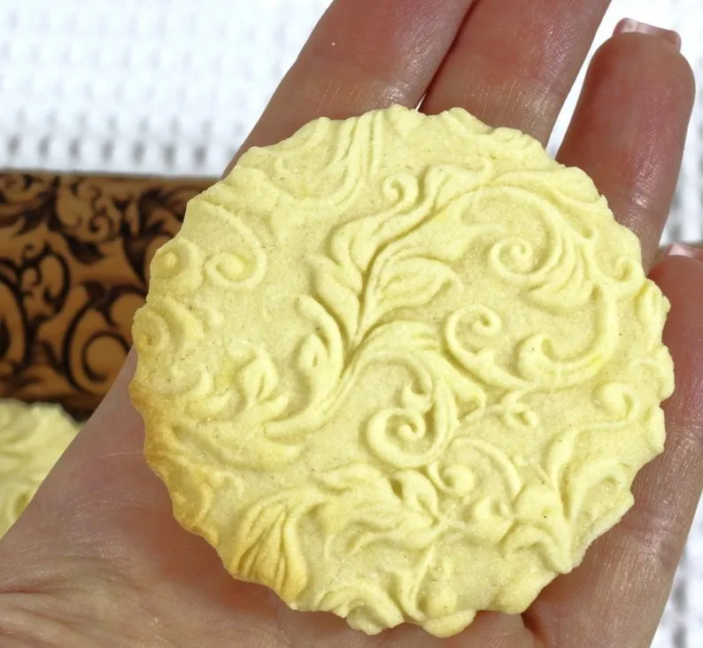 Embossed Rolling Pin Seamless Pattern Swirles, Textured Cookies, Christmas Gift, Clay Stamp, Soap Curley Garden