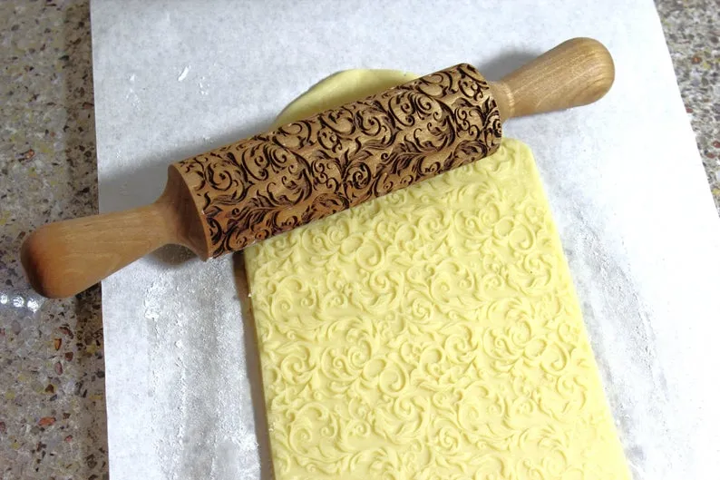 Embossed Rolling Pin Seamless Pattern Swirles, Textured Cookies, Christmas Gift, Clay Stamp, Soap Curley Garden