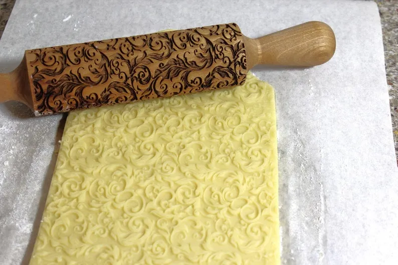 Embossed Rolling Pin Seamless Pattern Swirles, Textured Cookies, Christmas Gift, Clay Stamp, Soap Curley Garden