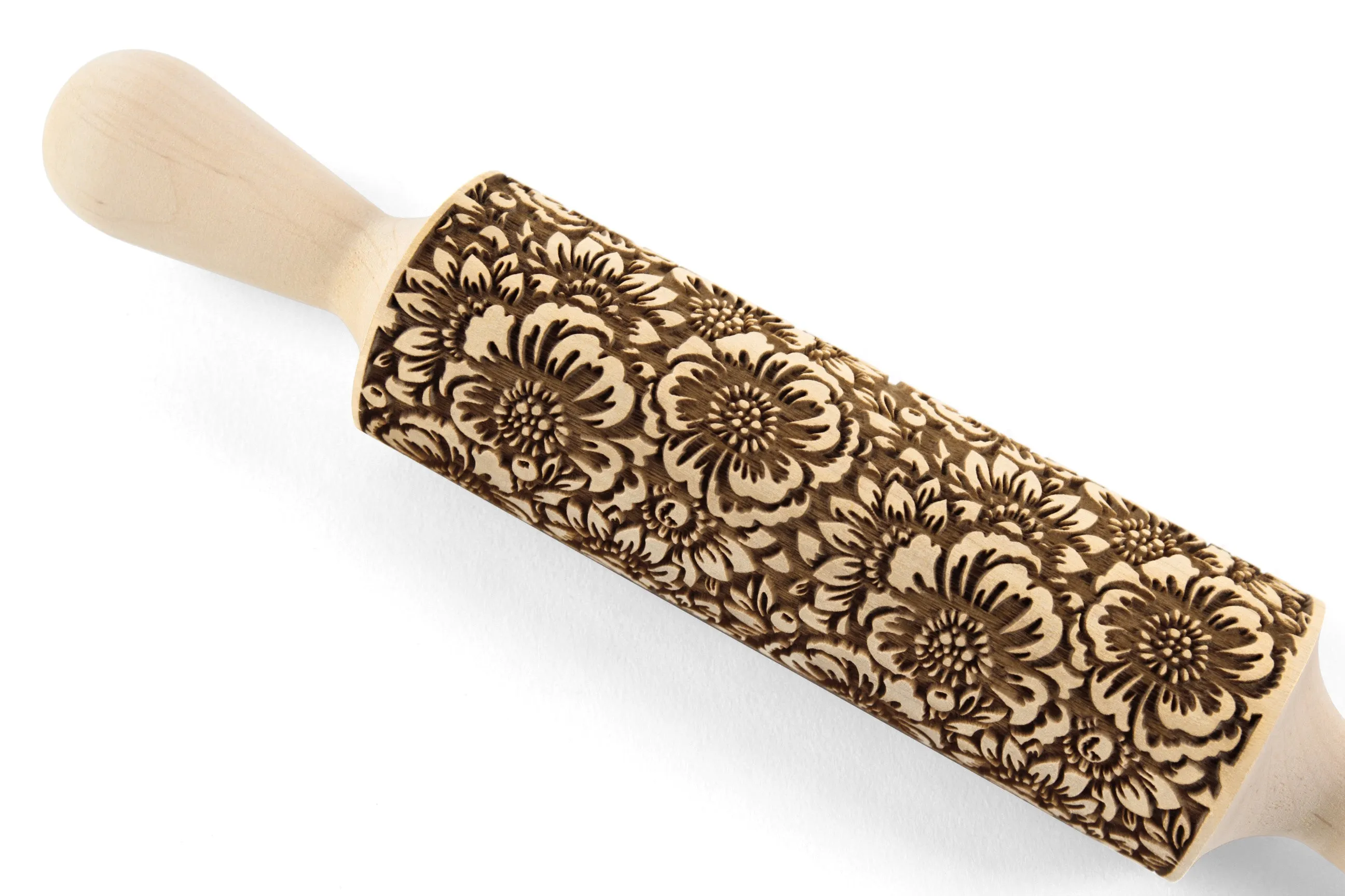 Embossing Rolling Pin Camelia Blooming, Texturing Tool for Cookies, Pottery or Ceramics, Clay Stamp, Hand Roller, Christmas Gift for Mom