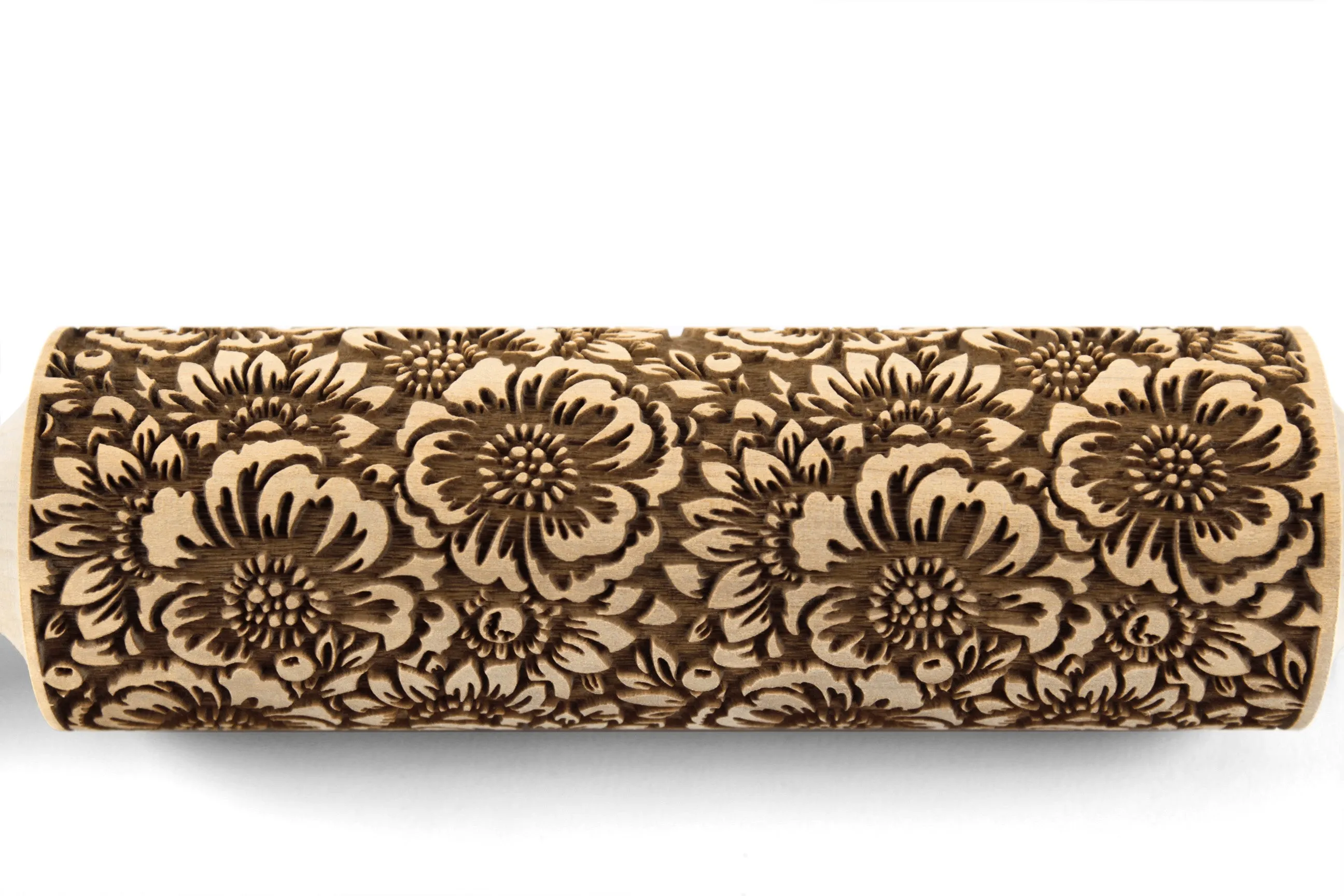 Embossing Rolling Pin Camelia Blooming, Texturing Tool for Cookies, Pottery or Ceramics, Clay Stamp, Hand Roller, Christmas Gift for Mom