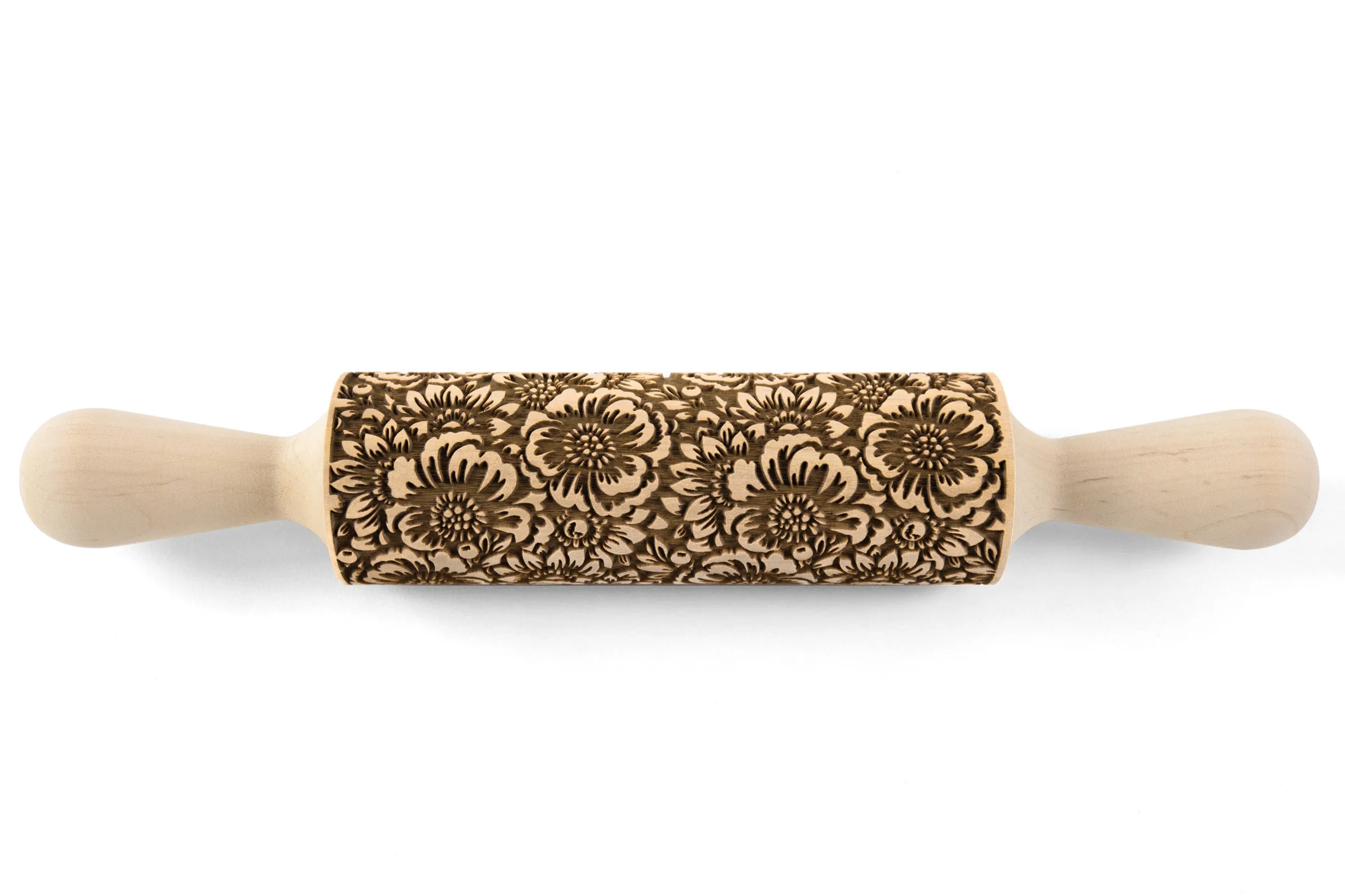Embossing Rolling Pin Camelia Blooming, Texturing Tool for Cookies, Pottery or Ceramics, Clay Stamp, Hand Roller, Christmas Gift for Mom