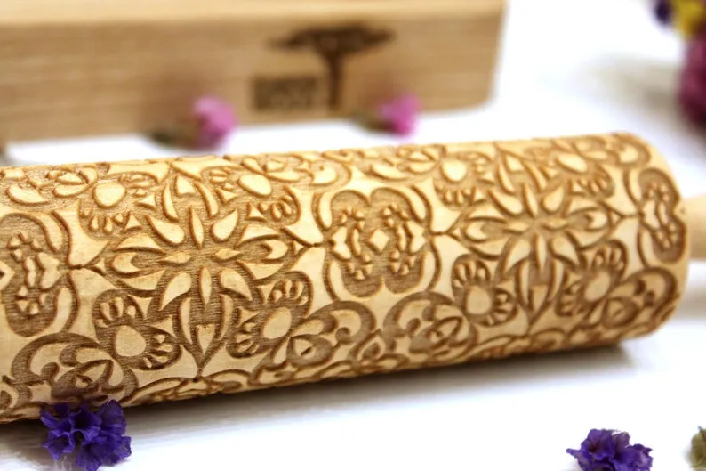Embossing Rolling Pin FLOWERS LACE Pattern, Clay Stamp,Christmas Gift
