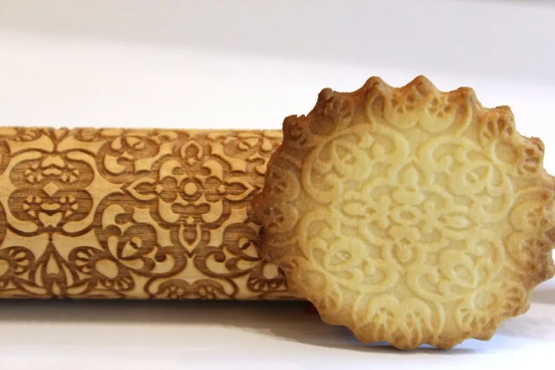 Embossing Rolling Pin FLOWERS LACE Pattern, Clay Stamp,Christmas Gift