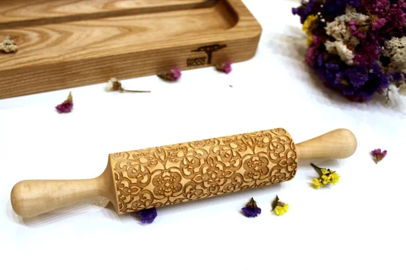 Embossing Rolling Pin FLOWERS LACE Pattern, Clay Stamp,Christmas Gift