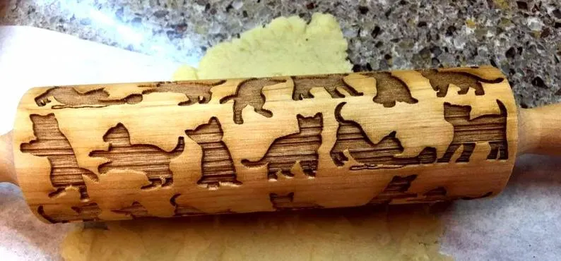 ENGRAVED EMBOSSING ROLLING PIN Cats, Kittens, Christmas Gift, Ceramic Roller Pottery, Clay Stamp, Baking Gift, Shortbread Sugar Cookie