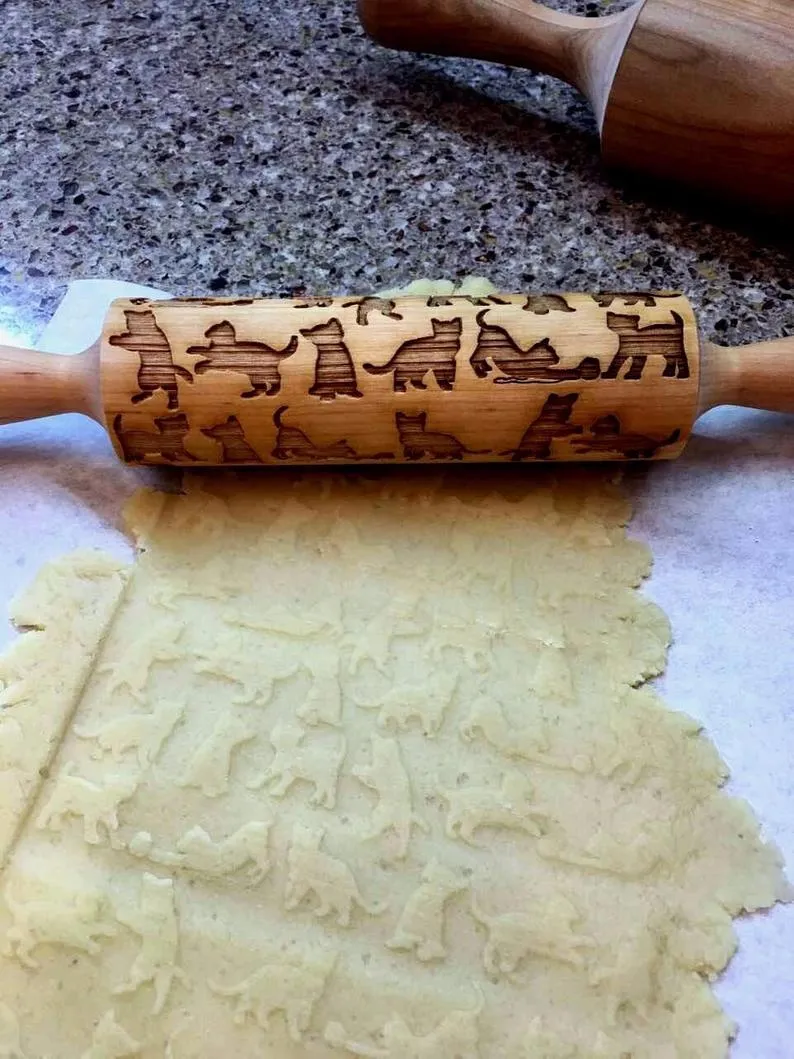 ENGRAVED EMBOSSING ROLLING PIN Cats, Kittens, Christmas Gift, Ceramic Roller Pottery, Clay Stamp, Baking Gift, Shortbread Sugar Cookie