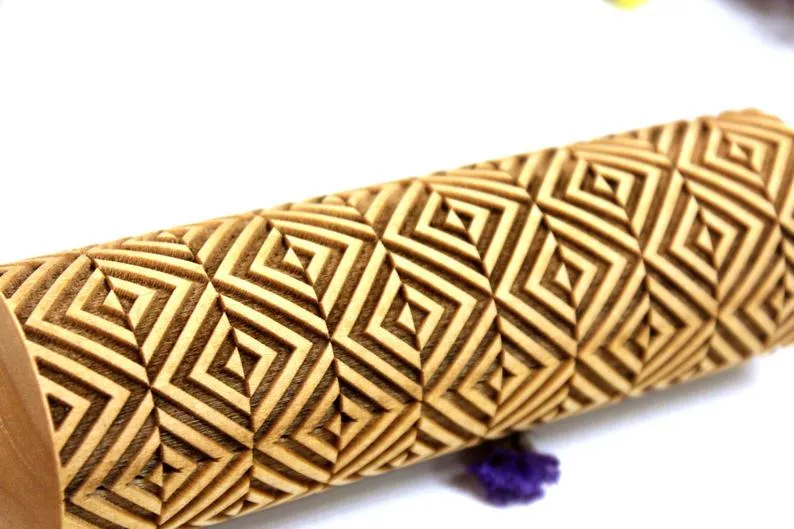 Engraved Embossing Rolling Pin, Geometric, Christmas Gift, Textured Cookies, Clay Stamp, Baking Gift, Shortbread Sugar Cookie