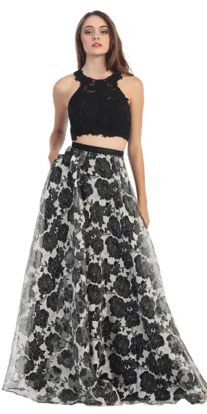 Eureka 4222 Long 2 Piece Lace Top Dress Flower Print