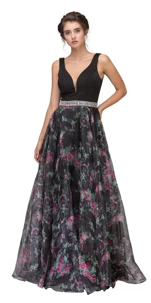 Eureka 7020 Floral Printed Gown V-Neck Embellished Waist