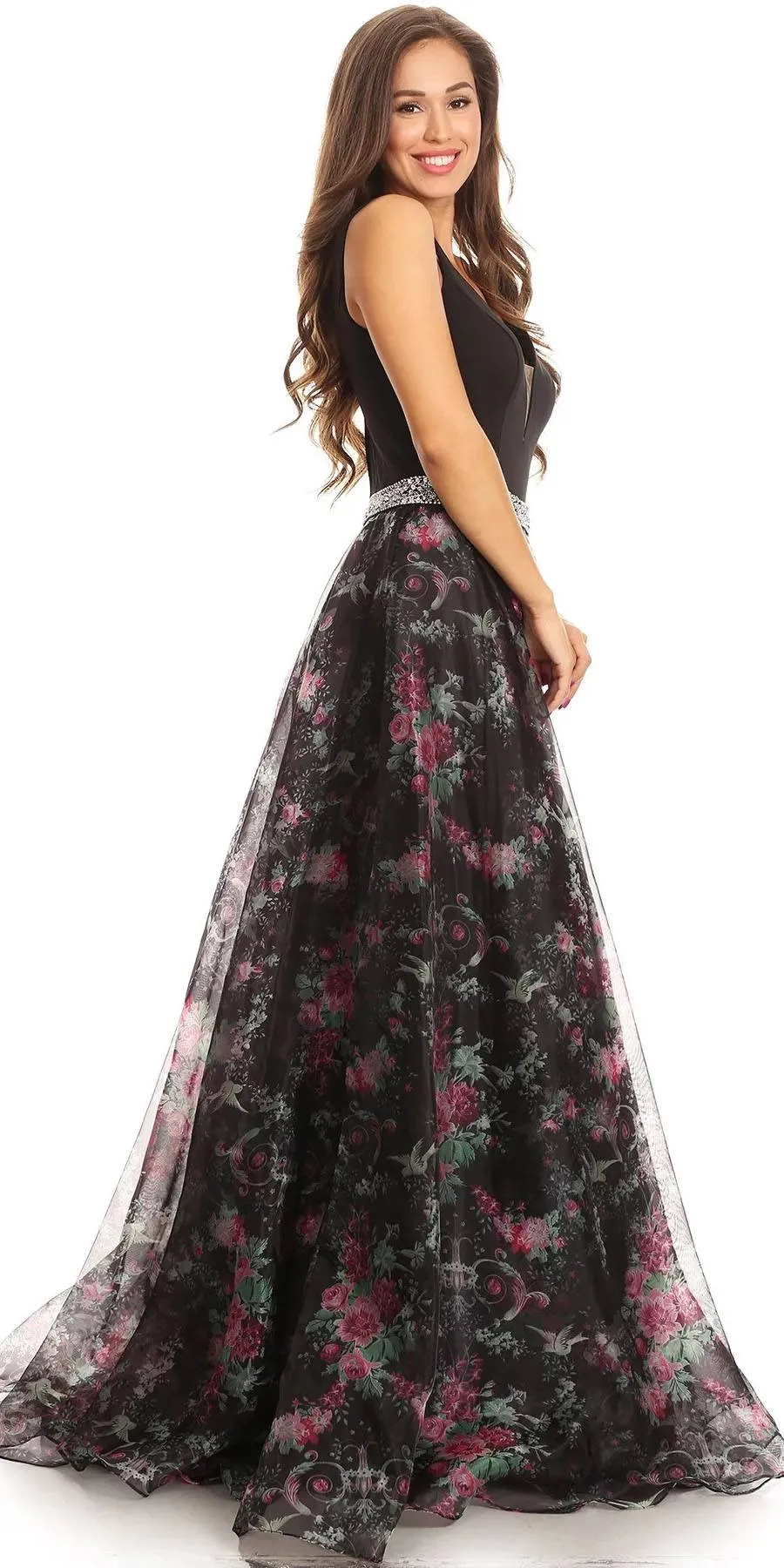 Eureka 7020 Floral Printed Gown V-Neck Embellished Waist