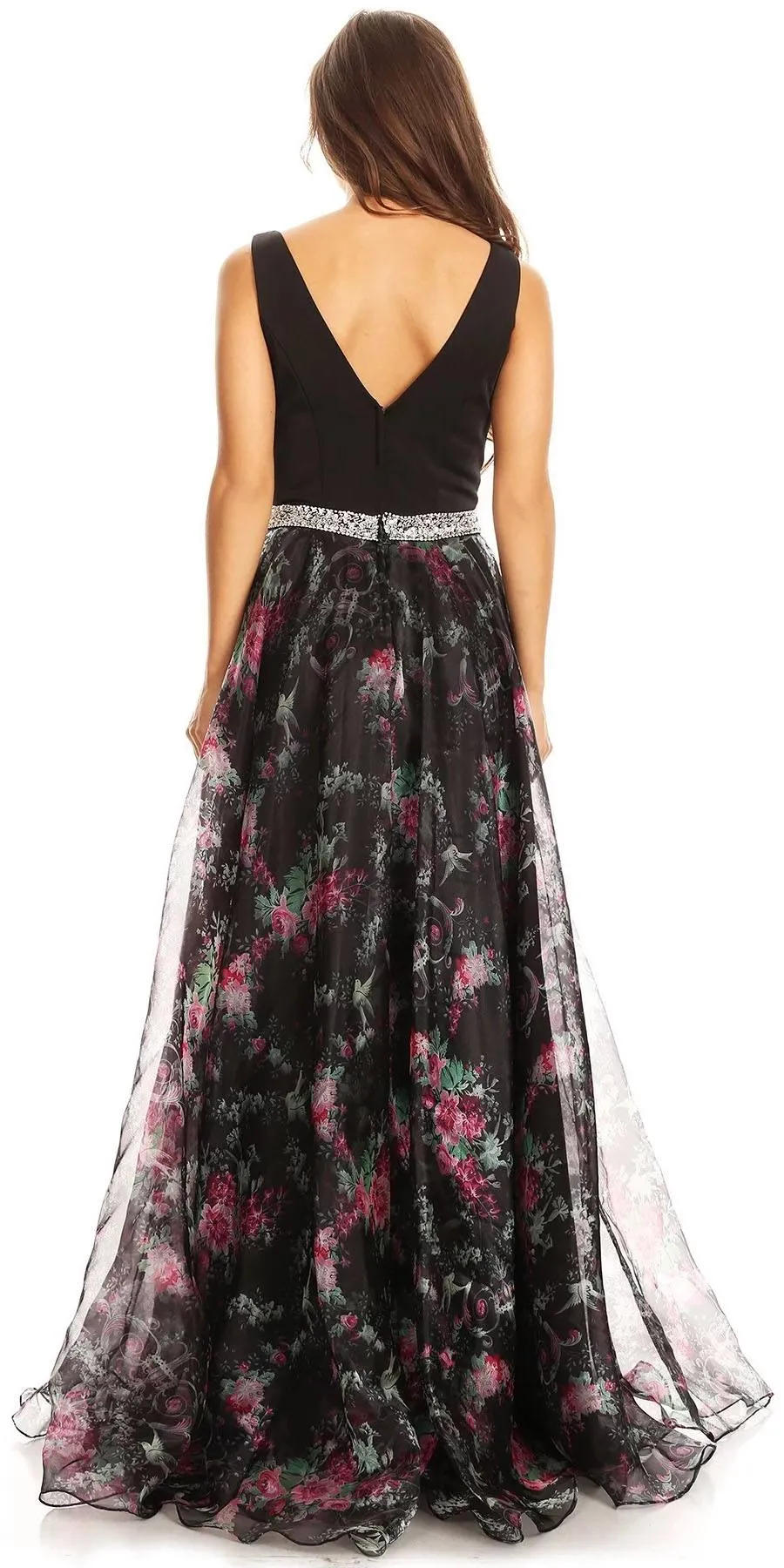 Eureka 7020 Floral Printed Gown V-Neck Embellished Waist
