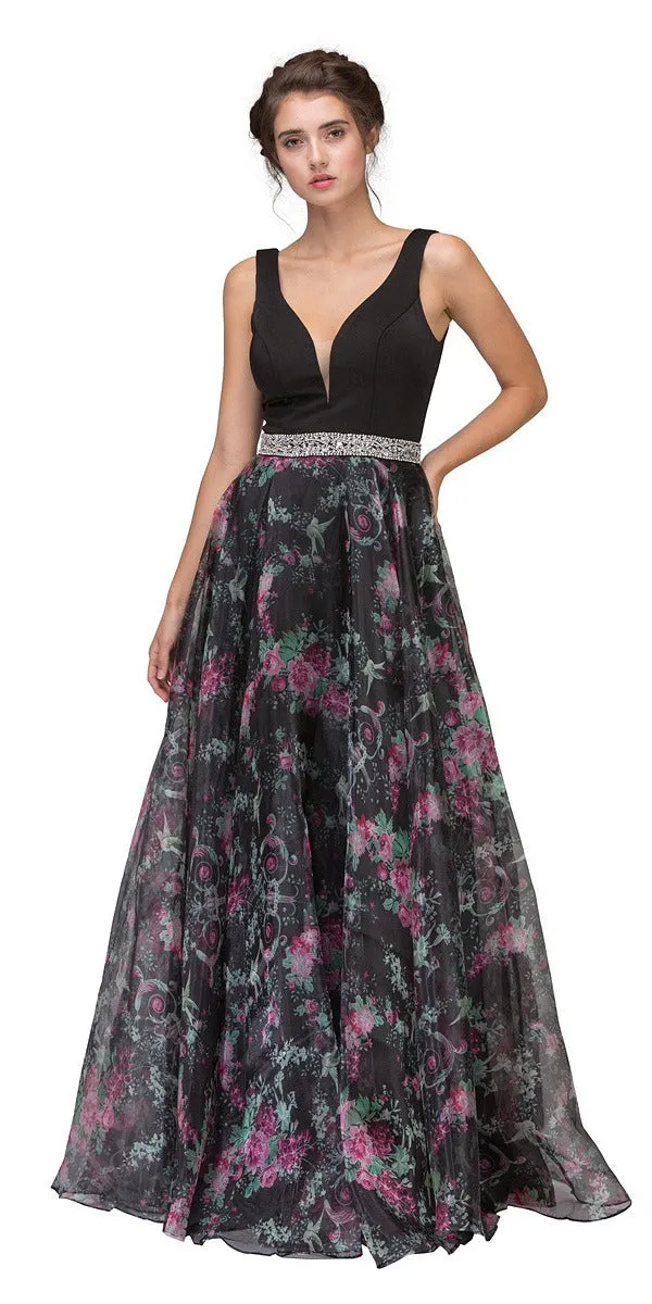 Eureka 7020 Floral Printed Gown V-Neck Embellished Waist