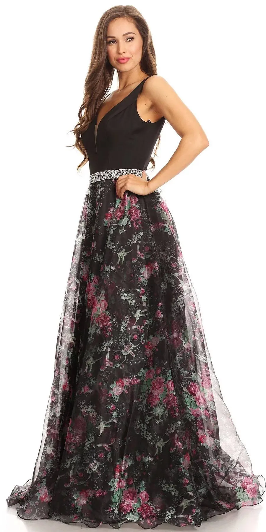 Eureka 7020 Floral Printed Gown V-Neck Embellished Waist
