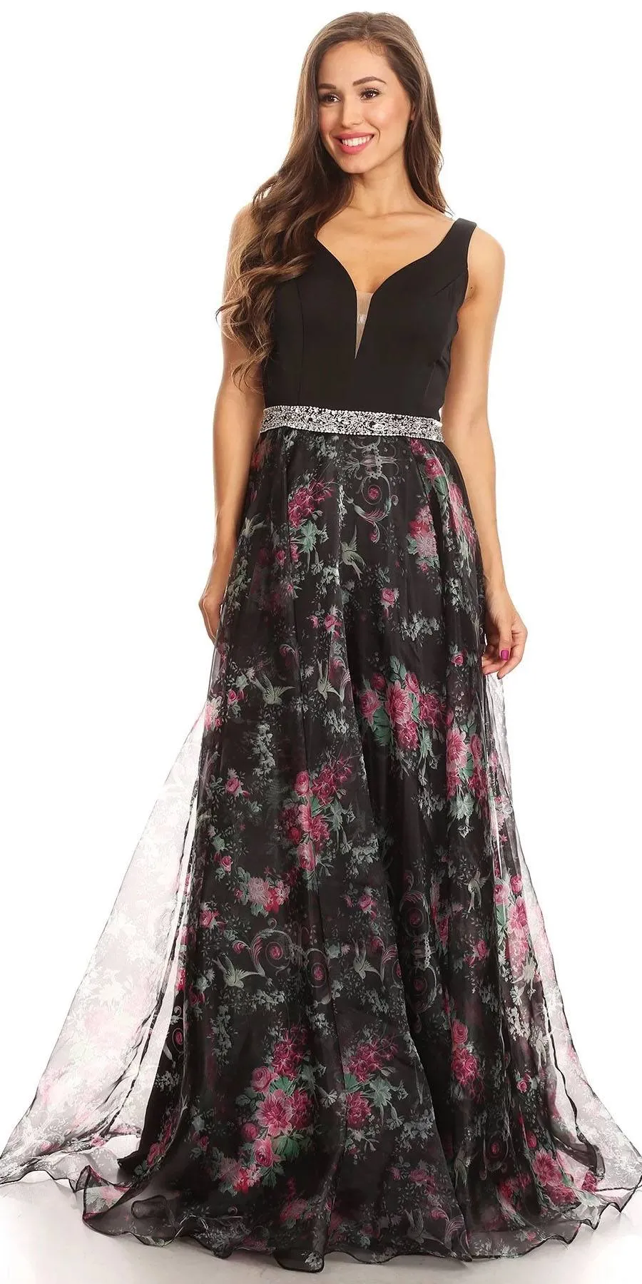 Eureka 7020 Floral Printed Gown V-Neck Embellished Waist