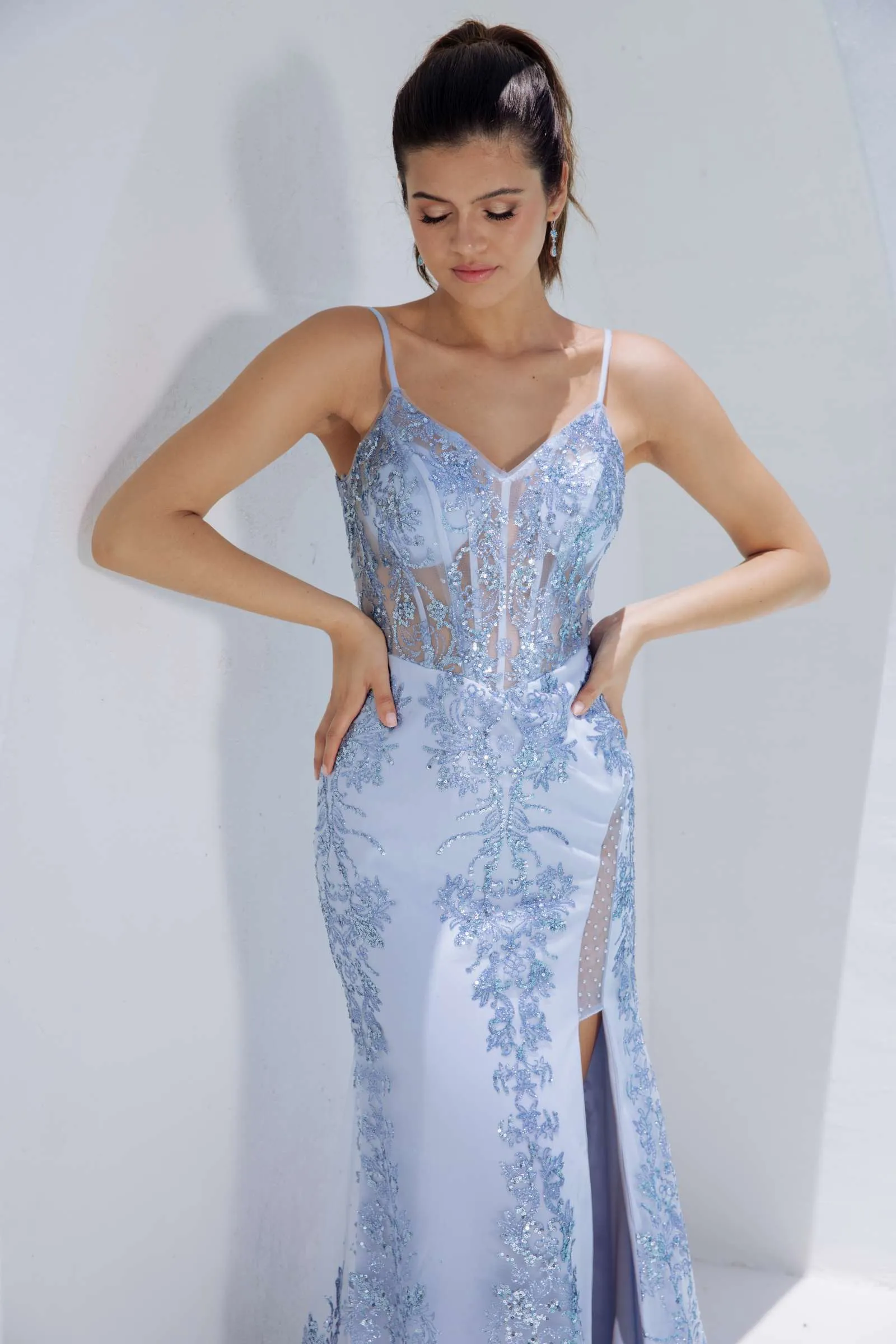 Eureka Fashion 9188 Long Fitted Open Boning Printed Floral Glitter Dress