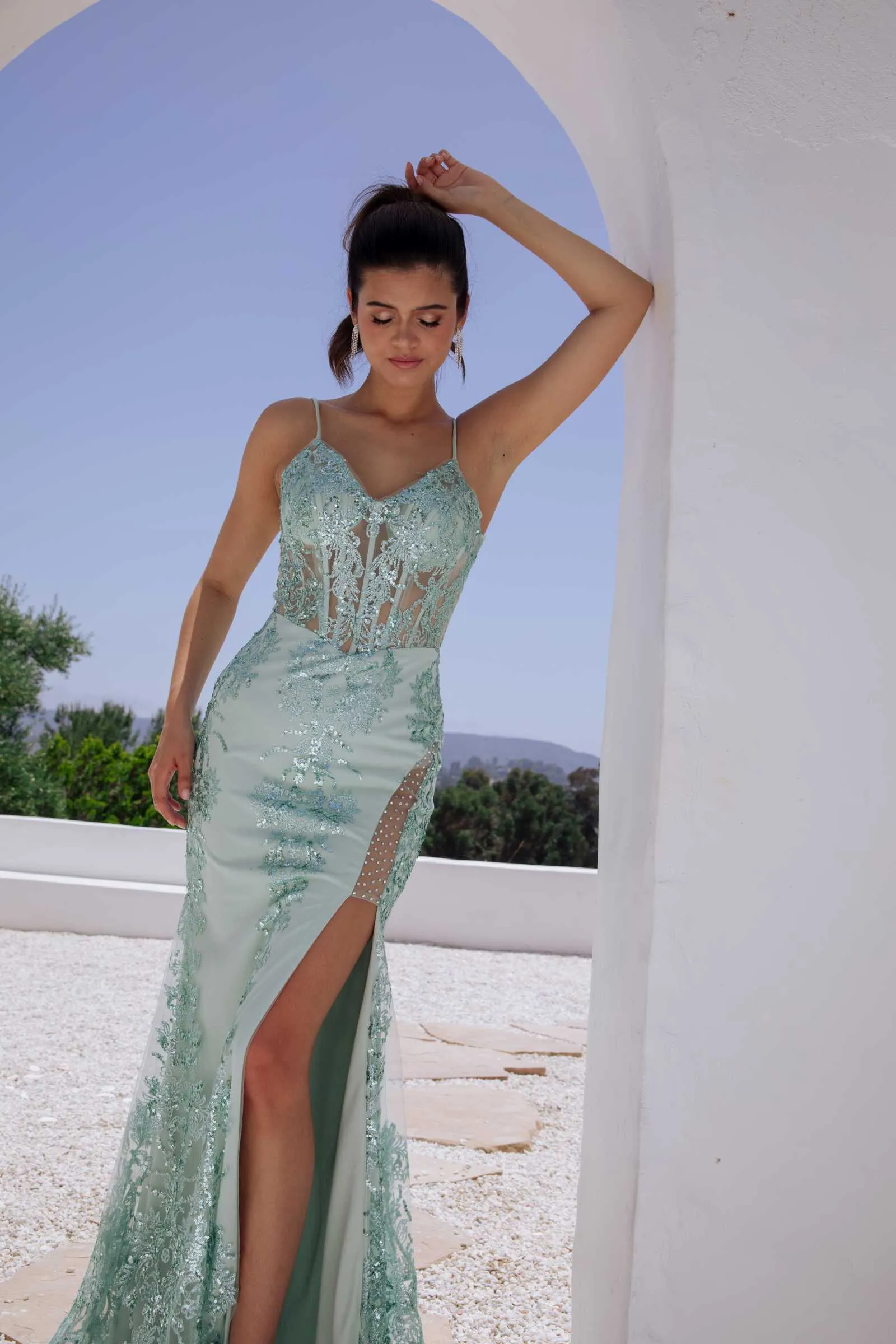 Eureka Fashion 9188 Long Fitted Open Boning Printed Floral Glitter Dress