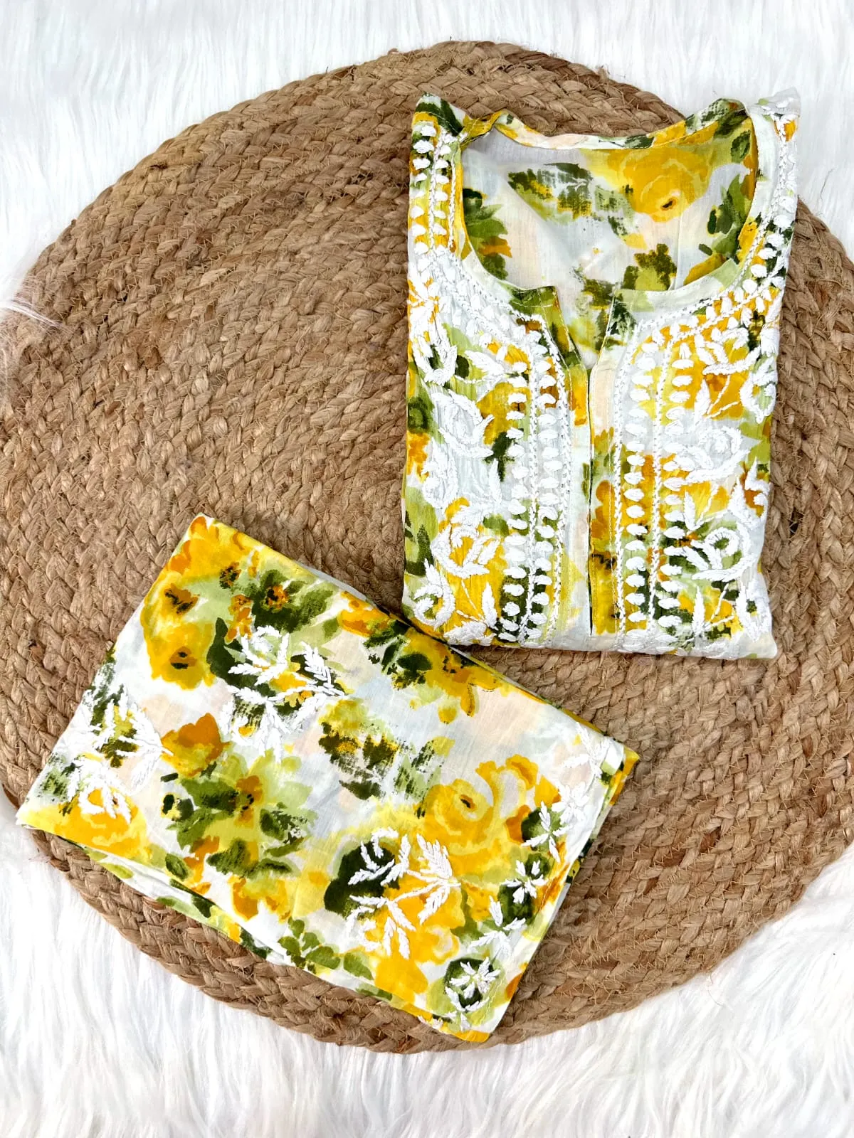 Floral Chikankari cotton Kurti With Pant In Mul Mul Cotton