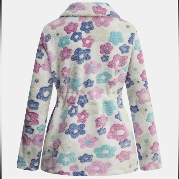 Floral Zip Up Long Sleeve Boutique Teddy Coat with Pockets - NWT 2XL