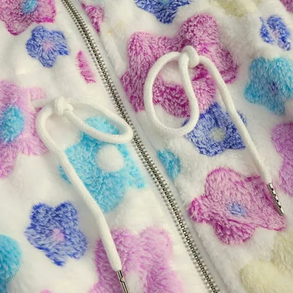 Floral Zip Up Long Sleeve Boutique Teddy Coat with Pockets - NWT 2XL