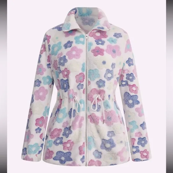 Floral Zip Up Long Sleeve Boutique Teddy Coat with Pockets - NWT 2XL