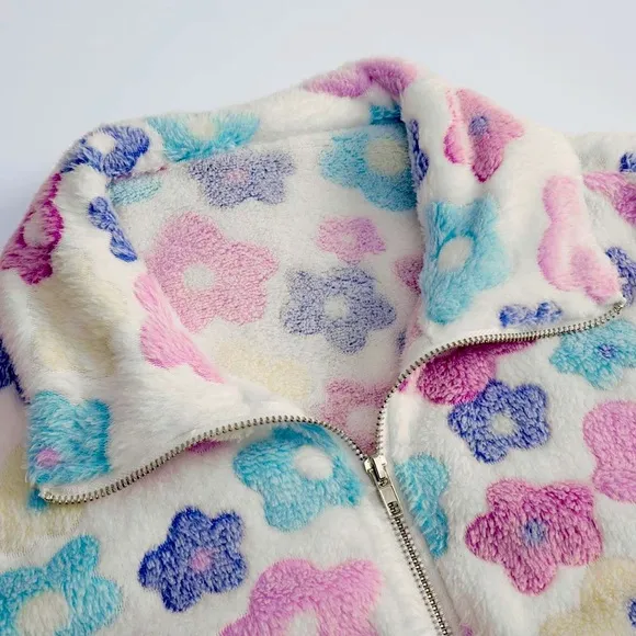Floral Zip Up Long Sleeve Boutique Teddy Coat with Pockets - NWT 2XL