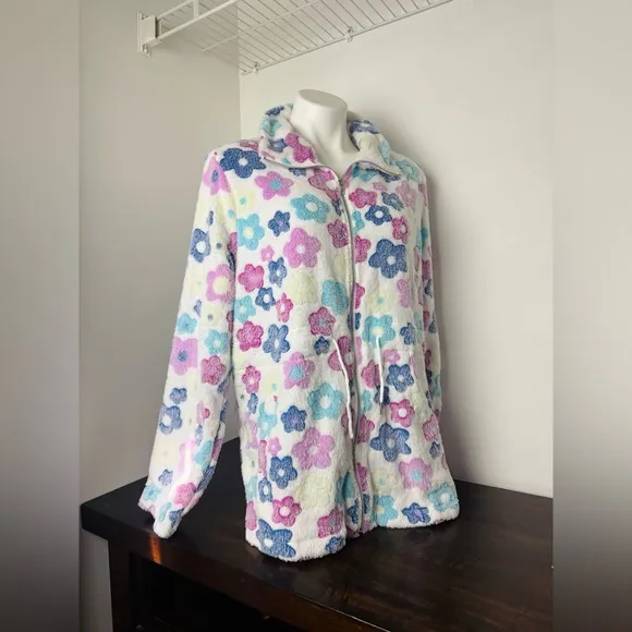 Floral Zip Up Long Sleeve Boutique Teddy Coat with Pockets - NWT 2XL