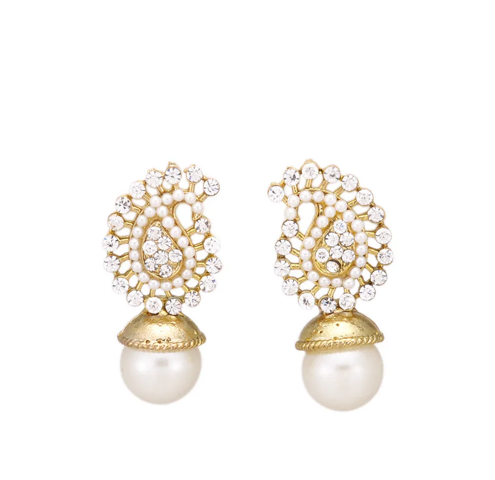 Golden White Studded Paisley Design Earrings