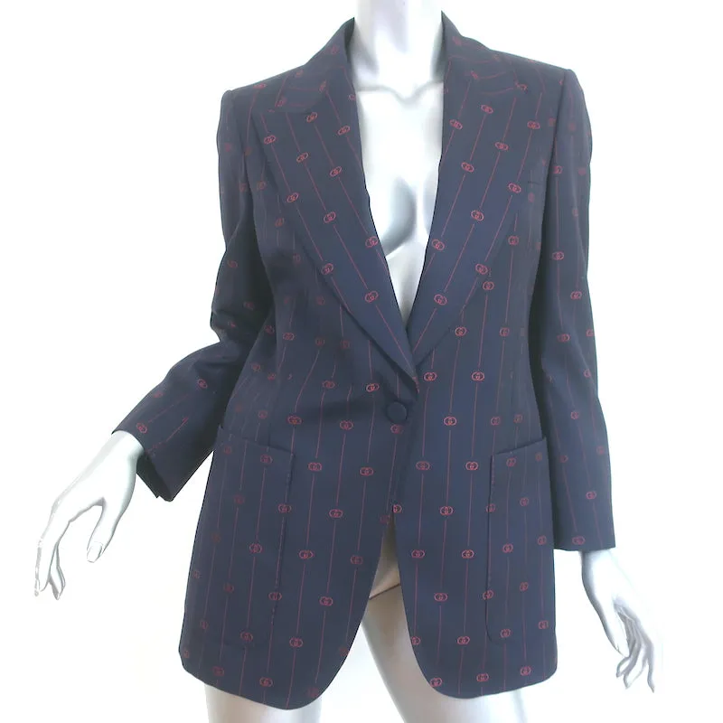 Gucci Retro GG Striped Blazer Navy/Red Wool-Silk Size 42 One-Button Jacket NEW