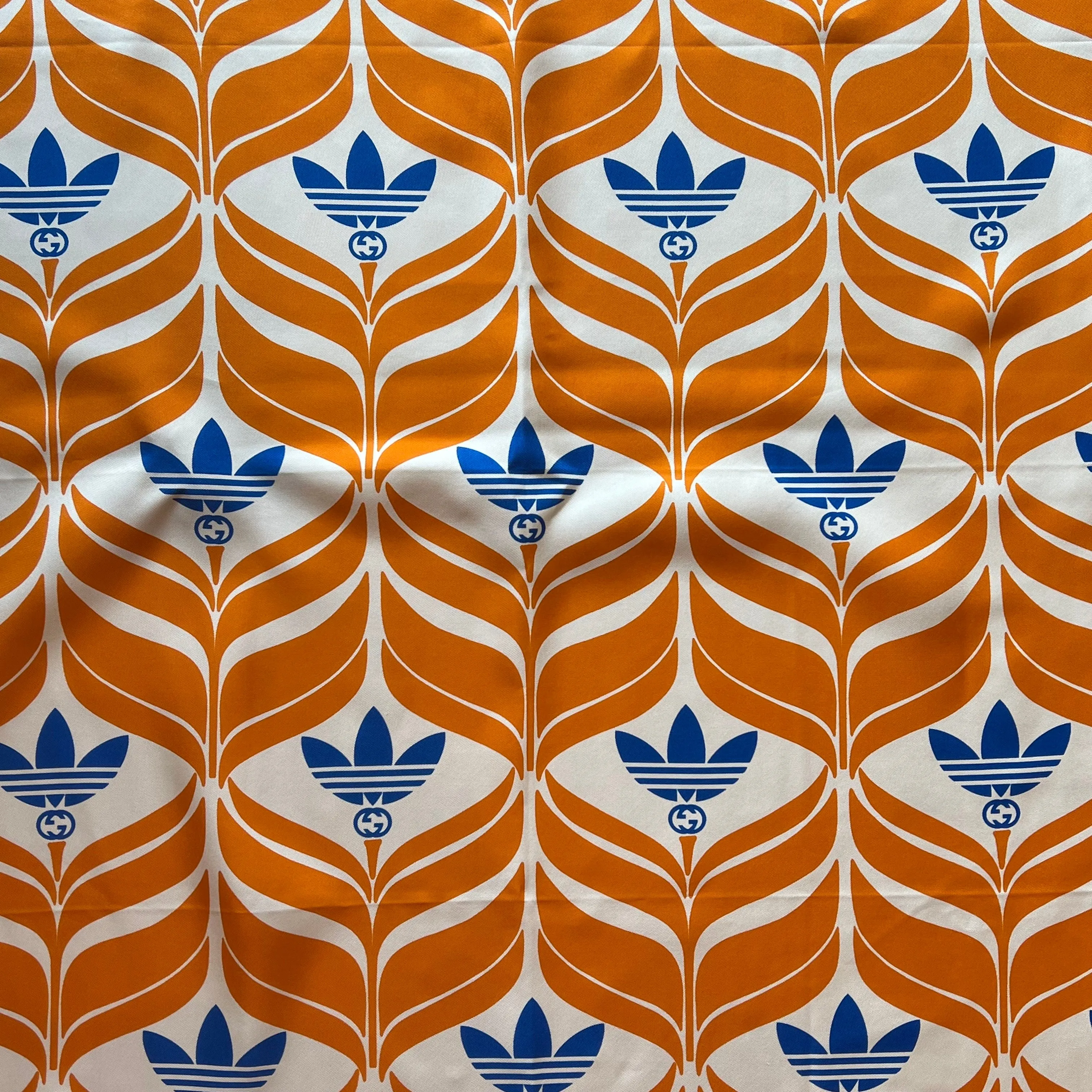 GUCCI x Adidas Orange Blue White Silk GG Monogram Trefoil Print Square Scarf