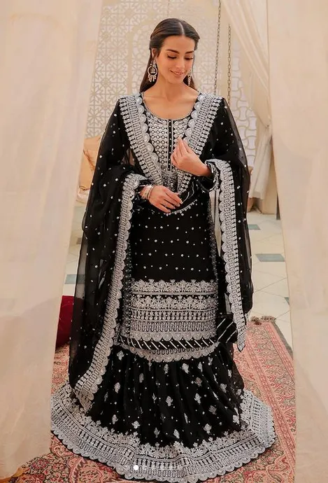 Haseen's Luxury Embroidered Chiffon Unstitched 4 Pieces Collection Black Beauty