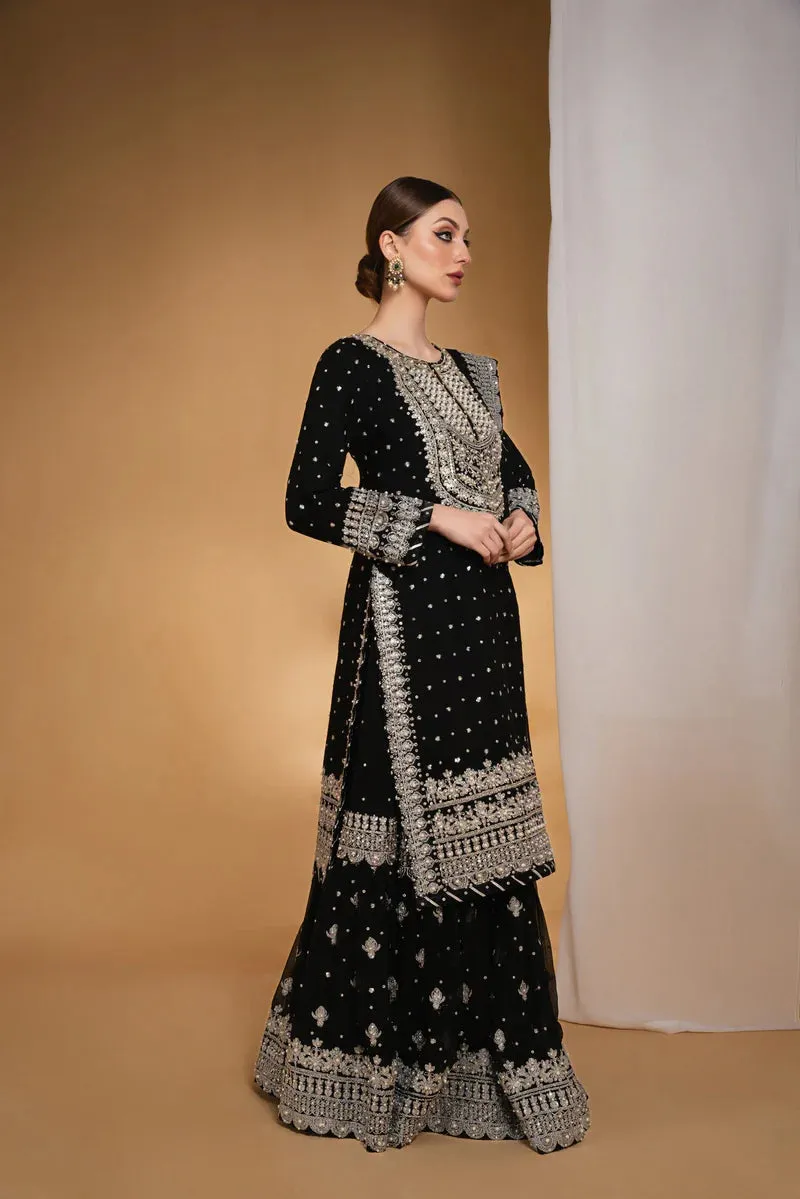 Haseen's Luxury Embroidered Chiffon Unstitched 4 Pieces Collection Black Beauty