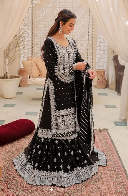 Haseen's Luxury Embroidered Chiffon Unstitched 4 Pieces Collection Black Beauty