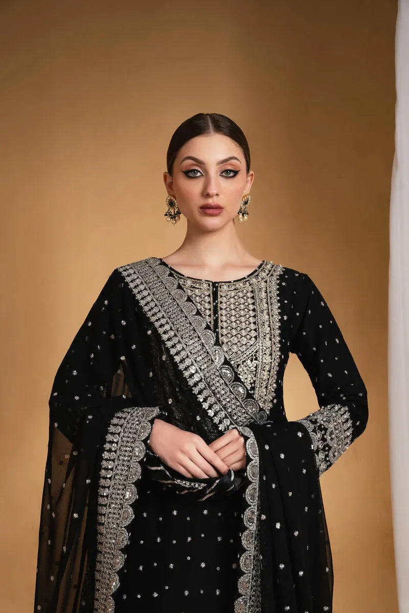 Haseen's Luxury Embroidered Chiffon Unstitched 4 Pieces Collection Black Beauty
