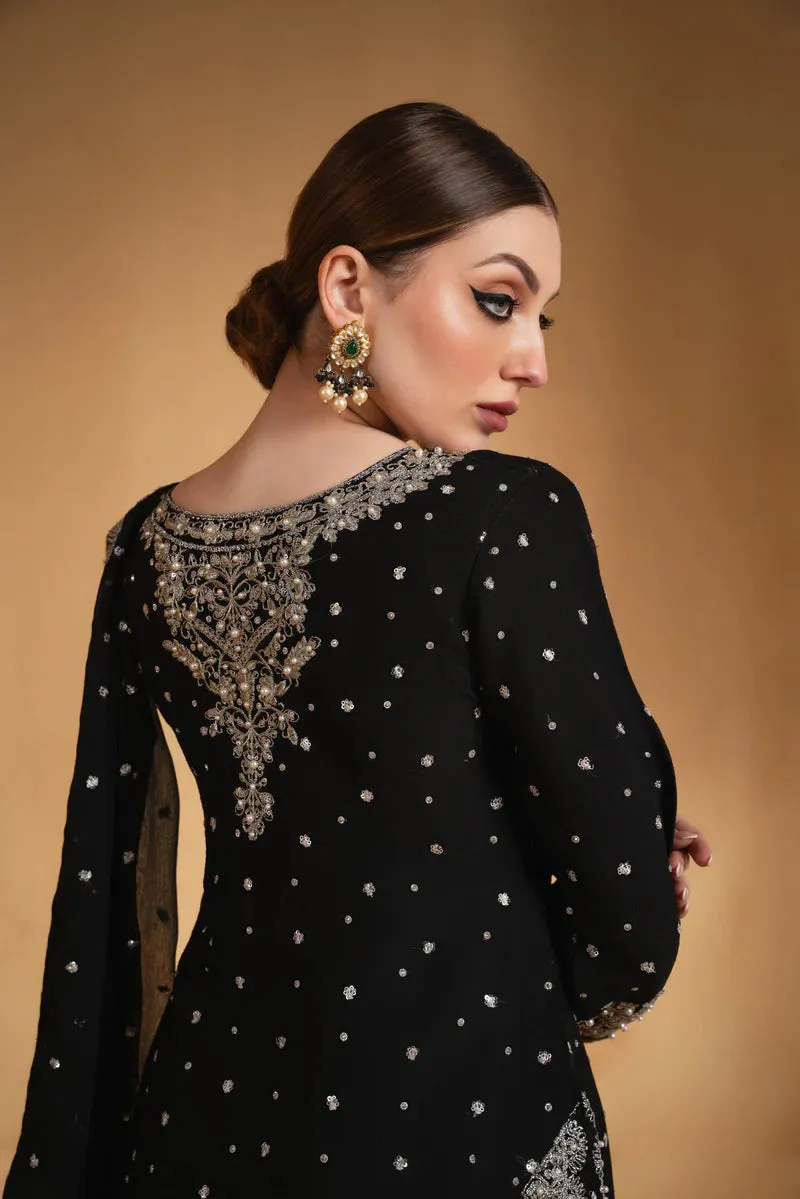 Haseen's Luxury Embroidered Chiffon Unstitched 4 Pieces Collection Black Beauty
