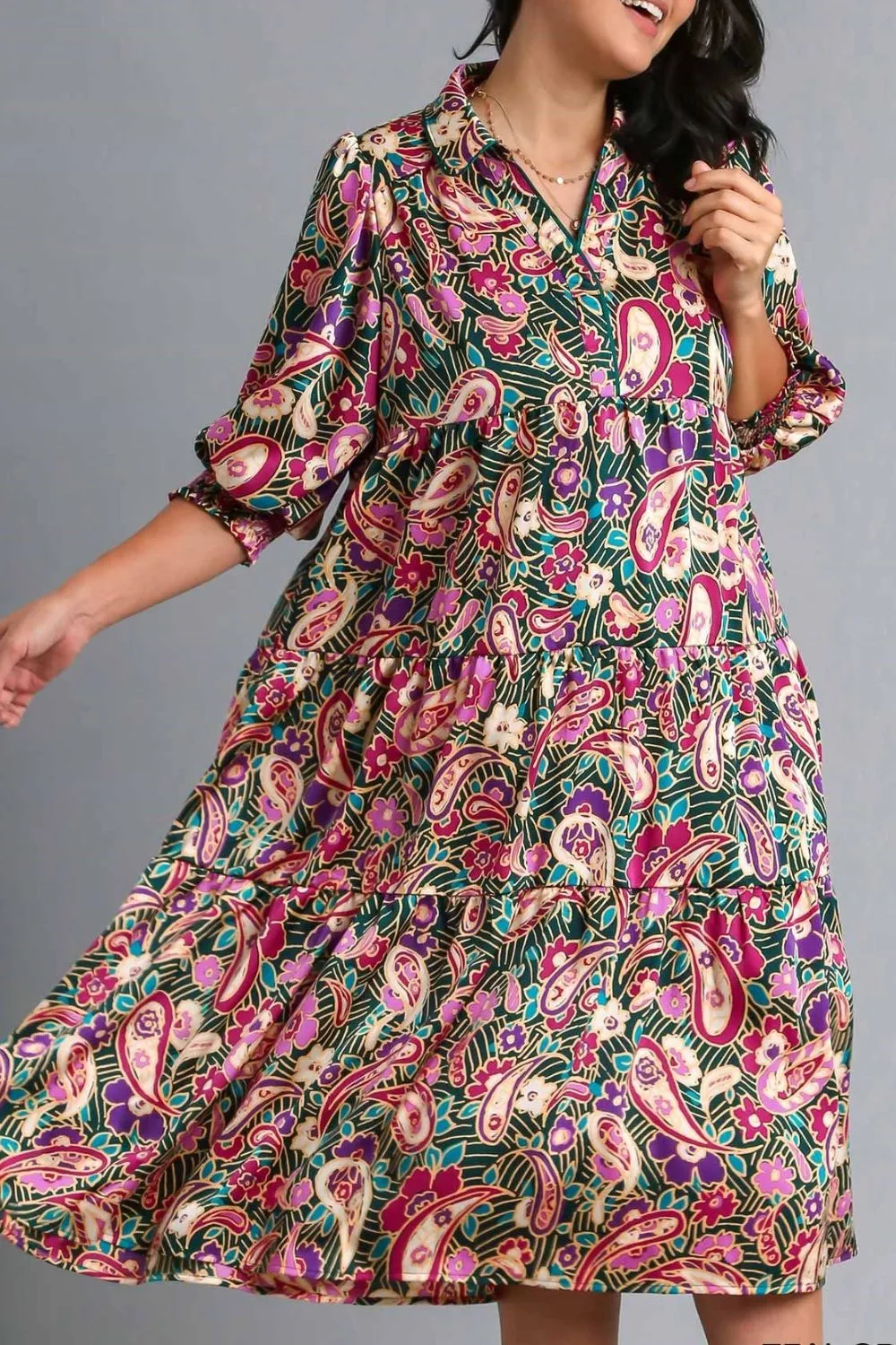 Hazel Blues® | Umgee Paisley Print Satin Tiered Midi Dress
