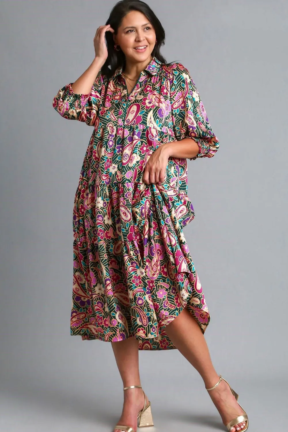 Hazel Blues® | Umgee Paisley Print Satin Tiered Midi Dress