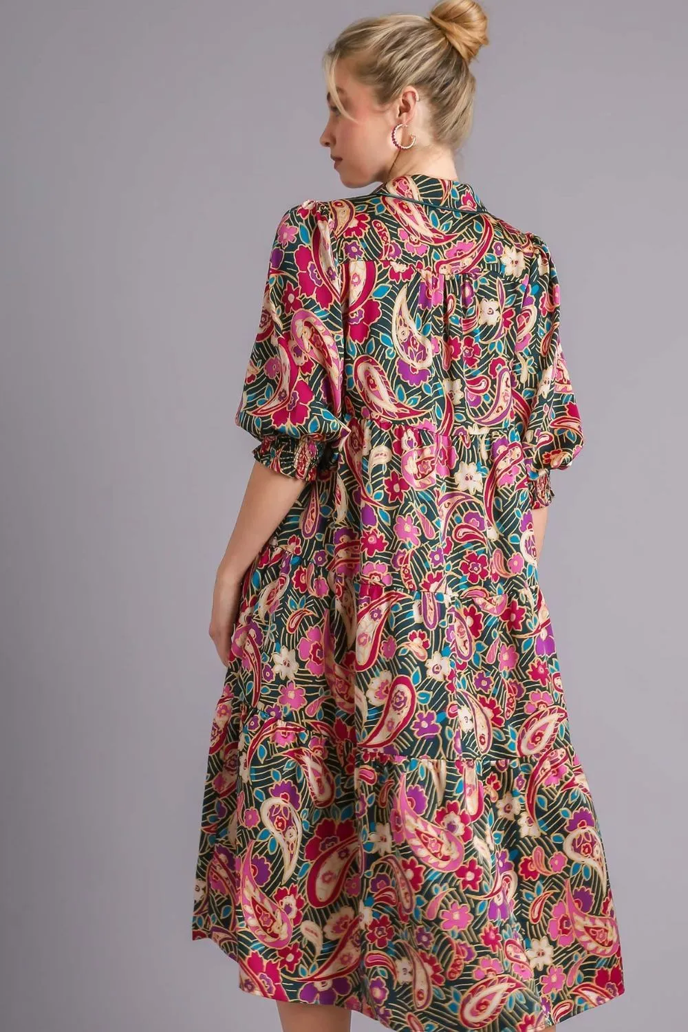 Hazel Blues® | Umgee Paisley Print Satin Tiered Midi Dress