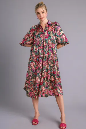 Hazel Blues® | Umgee Paisley Print Satin Tiered Midi Dress