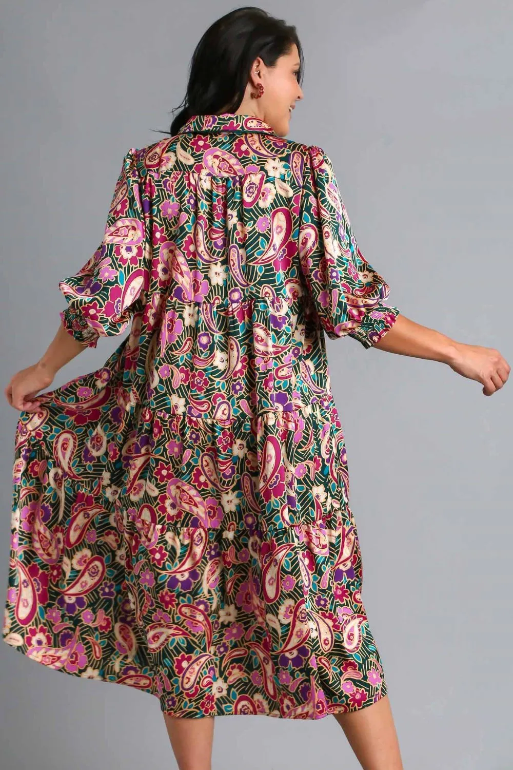 Hazel Blues® | Umgee Paisley Print Satin Tiered Midi Dress