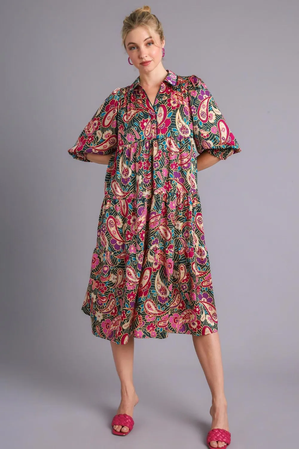 Hazel Blues® | Umgee Paisley Print Satin Tiered Midi Dress