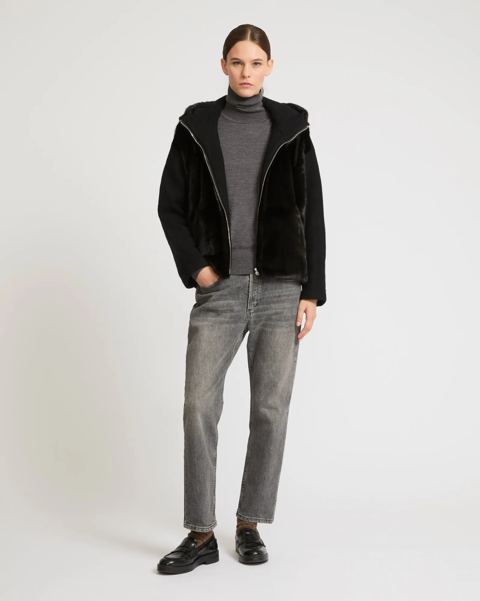 Hooded jacket in knit and mink fur