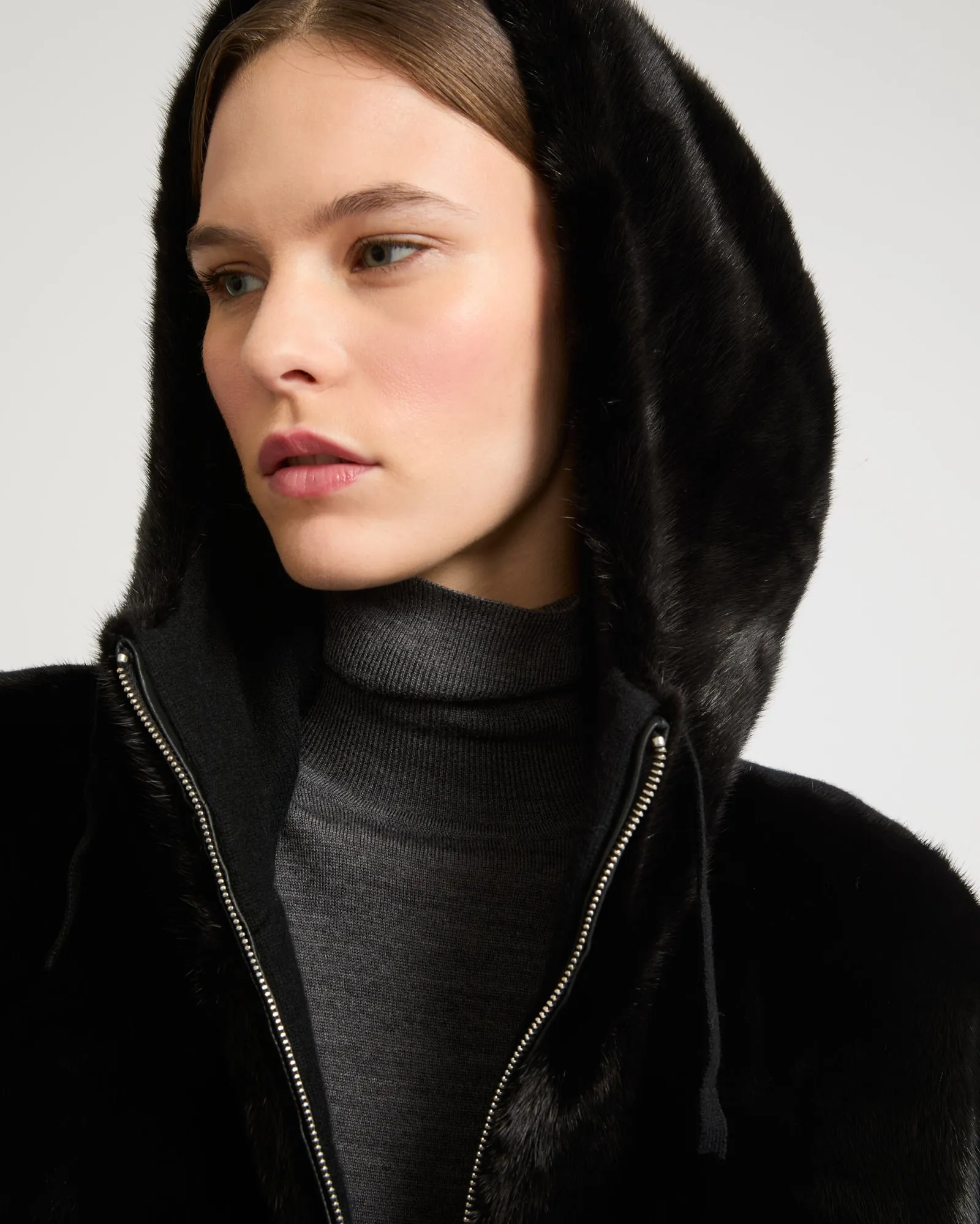 Hooded jacket in knit and mink fur