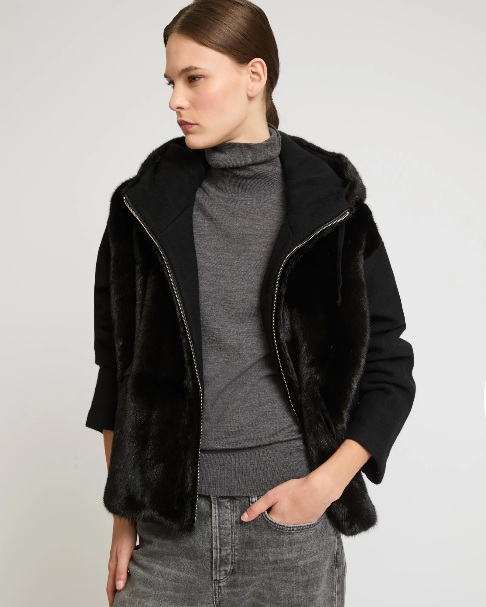 Hooded jacket in knit and mink fur