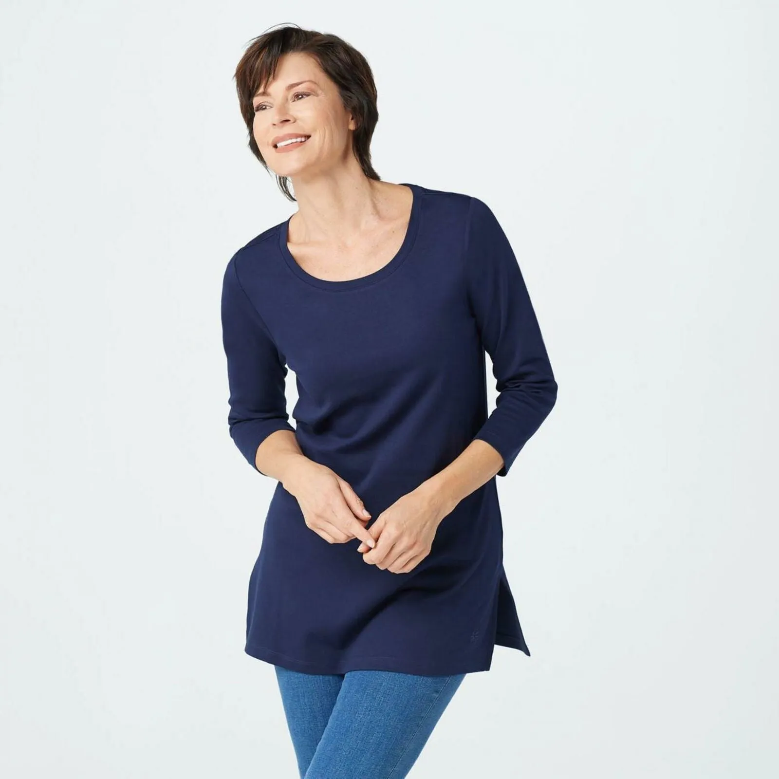 Isaac Mizrahi Live! Pima Cotton Tunic Top with Long Side Slits Navy Large
