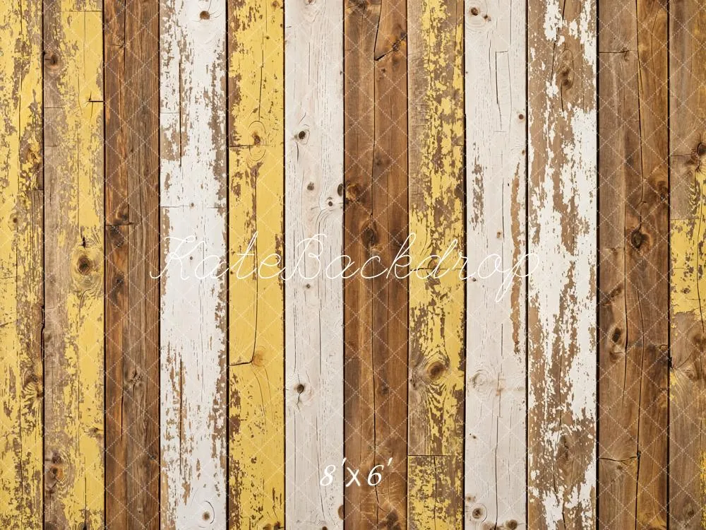 Kate Yellow Retro Shabby Striped Wood Floor Backdrop Designed by Kate Image