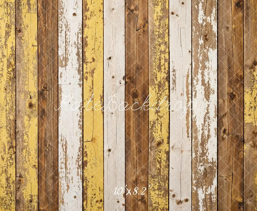 Kate Yellow Retro Shabby Striped Wood Floor Backdrop Designed by Kate Image